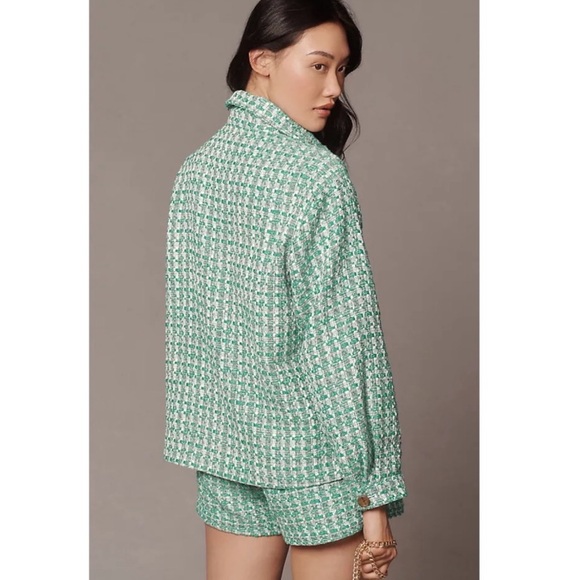Anthropologie Maeve Plaid Tweed Relaxed Shacket Shirt Jacket Preppy Green XL - Picture 2 of 12